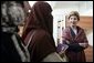 Laura Bush talks with female students in the newly built National Women’s Dormitory on the campus of Kabul University Wednesday, March 30, 2005, in Kabul, Afghanistan. The women’s dormitory was built to provide a safe place for young women to live while pursuing studies away from their families. White House photo by Susan Sterner