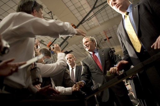 President George W. Bush greets the crowd at Auburn University at Montgomery in Montgomery, Alabama after talking about Social Security reform on Thursday March 10, 2005. White House photo by Paul Morse
