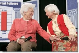 Former First Lady Barbara Bush speaks with Myrtle Campbell during a discussion on strengthening Social Security at Pensacola Junior College in Pensacola, Fla., Friday, March 18, 2005.  White House photo by Eric Draper