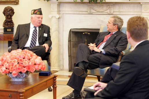 President George W. Bush meets with John Furgess, the National Commander-in-Chief of the Veterans of Foreign Wars, in the Oval Office Monday, March 14, 2005. White House photo by Krisanne Johnson
