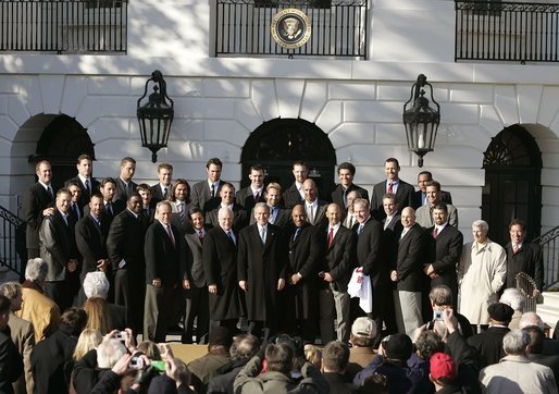 President George W. Bush hosts a visit by the Boston Red Sox, the 2004 World Series champions, Wednesday, March 02, 2005. “You know, the last time the Red Sox were here, Woodrow Wilson lived here. There were only 16 teams in baseball then. After the World Series victory in 1918, a reporter from Boston said, "The luckiest baseball spot on Earth is Boston, for it has never lost a World Series." That's one optimistic writer,” said the President. White House photo by Paul Morse