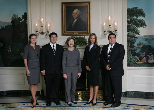 Mrs. Laura Bush poses Oct. 21, 2008 with the U.S. National Commission for UNESCO Laura W. Bush Traveling Fellows in the Diplomatic Reception Room of the White House. From left are Laura Olsen, David Lee, Heather McGee and Michael Aguilar. White House photo by Joyce N. Boghosian