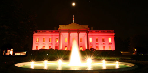 Floodlights turned the north side of the the White House pink on the evening of Oct. 7, 2008 to raise awareness about breast cancer. The unique view of the North Portico facing Lafayette Park was to observe Breast Cancer Awareness Month. Breast cancer awareness is a cause for which Mrs. Laura Bush has worked to motivate both public and private sectors, worldwide, as as she has encouraged collaborative research to find a cure. The World Health Organization says each year more than 1.2 million people worldwide are diagnosed with it and breast cancer is one of the leading causes of death for women. White House photo by Grant Miller