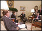 President George W. Bush meets with co-chairs of the President's Commission on Care for America's Returning Wounded Warriors, former Health and Human Services Secretary Donna Shalala and former Senator Bob Dole, left, Wednesday, July 25, 2007, joined by outgoing Veterans Affairs Secretary Jim Nicholson in the Oval Office at the White House. White House photo by Joyce N. Boghosian