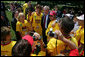 President George W. Bush talks with Special Olympic Team USA athletes after a Special Olympics Global Law Enforcement Torch Run Ceremony Thursday, July 26, 2007, in the Rose Garden. White House photo by Eric Draper