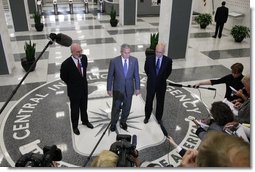 President George W. Bush, joined by Central Intelligence Agency Director Michael Hayden, right, and Deputy CIA Director Stephen Kappes, addresses reporters Thursday, Aug. 14, 2008 at the CIA headquarters in Langley, Va., following President Bush's participation in briefings on the war on terror and the current situation in Georgia. White House photo by Eric Draper