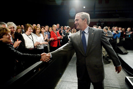 President George W. Bush greets audience members after delivering remarks at Tipp City High School Thursday, April 19, 2007, in Tipp City, Ohio. White House photo by Eric Draper