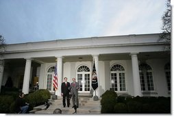 President George W. Bush and Judge Samuel A. Alito address the media in the Rose Garden Monday, Jan. 9, 2006, after a breakfast meeting in the Private Dining Room. Confirmation hearings for Judge Alito, President Bush's nominee for Associate Justice of the Supreme Court, begin today in Washington, D.C. "It's very important that members of the Senate conduct a dignified hearing. The Supreme Court is a dignified body; Sam is a dignified person. And my hope, of course, is that the Senate bring dignity to the process and give this man a fair hearing and an up or down vote on the Senate floor," said the President.  White House photo by Kimberlee Hewitt