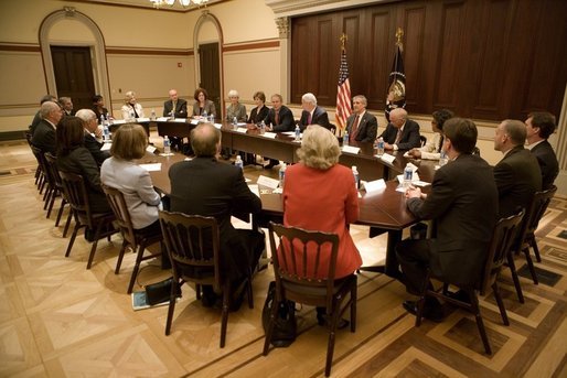 President George W. Bush and Mrs. Bush meet with heads of foundations to help aid Gulf Coast Recovery at the White House, Thursday, Jan. 19, 2006. White House photo by Eric Draper