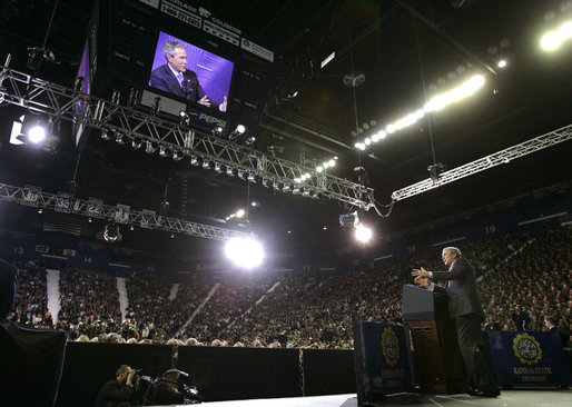 President George W. Bush discusses the War on Terror with a crowd of about 9,000 people at Kansas State University in Manhattan, Kan., Monday, Jan. 23, 2006. White House photo by Eric Draper