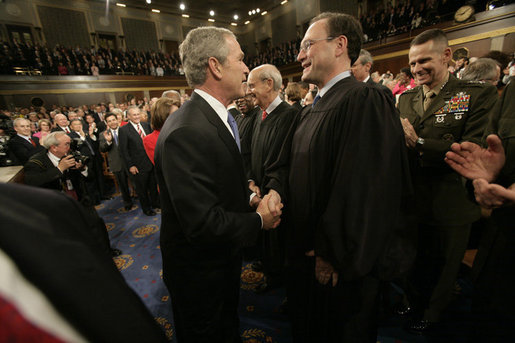 President George W, Bush shakes hands with newly confirmed U.S. Supreme Court Justice Samuel Alito, Tuesday, Jan. 31, 2006 at the State of the Union Address at the United States Capitol. White House photo by Eric Draper