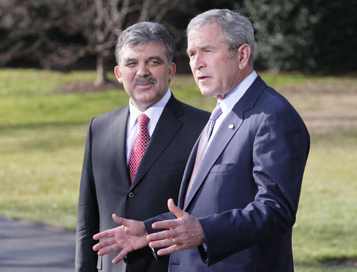 President George W Bush welcomes President Abdullah Gul to the White House Tuesday, Jan. 8, 2008, as they meet with the press during a photo opportunity. Said the President, "Turkey is a strategic partner of the United States. Relations between the United States and Turkey are important for our country. And we have worked hard to make them strong." White House photo by Eric Draper