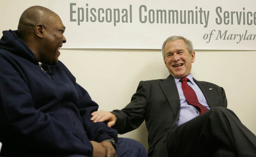 President George W. Bush and Thomas Boyd, a graduate of the Jericho Program, share a laugh Tuesday, Jan. 29, 2008, during the President's visit to the Baltimore faith-based program that helps men rebuild their lives and return to positive, productive roles. White House photo by Joyce N. Boghosian