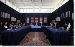 President George W. Bush sits with participants during a roundtable discussion on democracy and development with Kuwaiti women Saturday, Jan. 12, 2008, in Kuwait City prior to his departure from the country. White House photo by Eric Draper