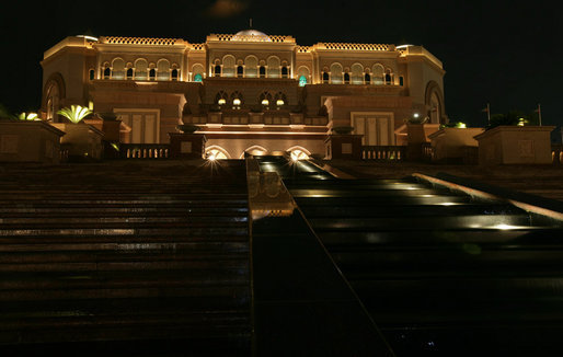 The Emirates Palace Hotel in Abu Dhabi is lit up Sunday, Jan. 13, 2008. President George W. Bush is overnighting at the hotel before continuing his eight-day visit to the Mideast. White House photo by Chris Greenberg