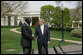 After meeting in the Oval Office,President George W. Bush and President John Kufuor of Ghana shake hands during a joint statement to the press on the South Lawn Wednesday, April 12, 2006. "We just had a wonderful discussion about our bilateral relations, and a great discussion about the world. I really enjoy talking to a man of vision and strength and character. President Kufuor has done a fantastic job for Ghana," said President Bush. "He's told the people of his country he'd bring honesty to government, and he has. He told the people of his country that he would work to create a stable economic platform for -- and he has done that, as well. And he's a man of peace. He cares deeply about peace in the region." White House photo by Kimberlee Hewitt