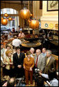 Mrs. Laura Bush talks with members of the media at Bourbon House Restaurant in New Orleans, La., following a meeting with chief state school officers and superintendents from five Gulf Coast States, Monday, April 10, 2006. Through the Laura Bush Foundation for American’s Libraries Gulf Coast School Library Recovery Initiative, Mrs. Bush is working with state schools to determine the needs of their libraries to help restore book collections in their school libraries. White House photo by Shealah Craighead