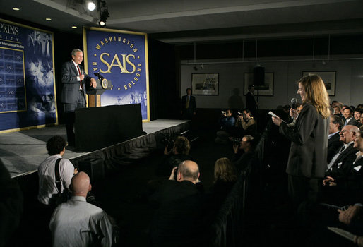 President George W. Bush takes questions from the audience after delivering remarks on the Global War on Terror at The Paul H. Nitze School of Advanced International Studies at The Johns Hopkins University in Washington, D.C., Monday, April 10, 2006. White House photo by Eric Draper