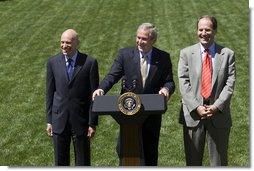 Addressing the press, President George W. Bush stands with Ed Lazear of the Council of Economic Advisors, left, and Al Hubbard of the National Economic Council, in the Rose Garden Friday, April 28, 2006. "I'm joined my two top White House economic advisors. The reason why is because we've had some very positive economic news today: the Commerce Department announced that our economy grew at an impressive 4.8 percent annual rate in the first quarter of this year. That's the fastest rate since 2003," said President Bush. "This rapid growth is another sign that our economy is on a fast track." White House photo by Eric Draper