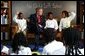 President George W. Bush greets fourth graders at the Pierre Laclede Elementary School in St. Louis, Mo., Monday Jan. 5, 2004. White House photo by Tina Hager