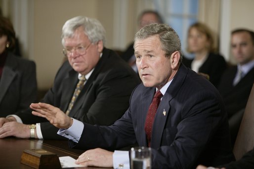 President George W. Bush meets with bipartisan leaders of the House and Senate in the Cabinet Room of the White House on Tuesday, January 27, 2003. White House photo by Paul Morse