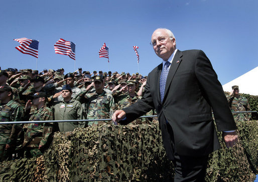 Vice President Dick Cheney is saluted by military personnel upon his arrival to a rally for the troops, Tuesday, August 29, 2006, at Offutt Air Force Base in Omaha, Neb. Offutt Air Force Base is home to the U.S. Strategic Command Headquarters and the Fighting 55th Wing, the largest wing in the Air Combat Command and the second largest in the Air Force. White House photo by David Bohrer