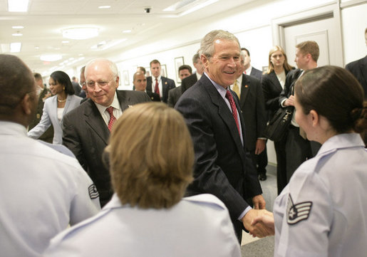 President George W. Bush and Vice President Dick Cheney meet military personnel at the Pentagon following their meeting with U.S. Secretary of Defense Donald Rumsfeld and the Defense Policy and Programs Team, Monday, Aug. 14, 2006, in Arlington, Va. White House photo by Eric Draper