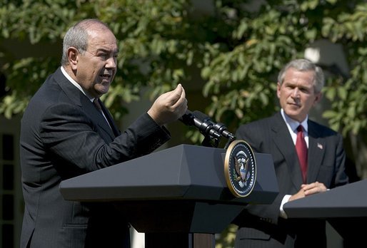 Iraqi interim Prime Minister Ayad Allawi discussed his country's counter-terrorism plan during a press conference in the Rose Garden Thursday, Sept. 23, 2004. "The Iraqi government now commands almost 100,000 trained and combat-ready Iraqis, including police, national guard and army. The government have accelerated the development of Iraqi special forces and established a counter-terrorist strike force to address the specific problems caused by the insurgency," said the Prime Minister. White House photo by Eric Draper