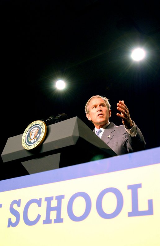 President Bush delivers remarks on Reading and Teacher Quality at Rufus King High School in Milwaukee, Wisconsin May 9, 2002. White House photo by Tina Hager.