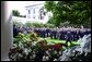 President George W. Bush approached the podium for the presentation ceremony of Commander-in-Chief's Trophy to the Air Force Academy football team in the Rose Garden Friday, May 17. "I'm proud of what this group of Americans have done on the football field. No more proud than those who wear the blue, I might add. And I'm proud of your commitment to our country," said the President in his address. 