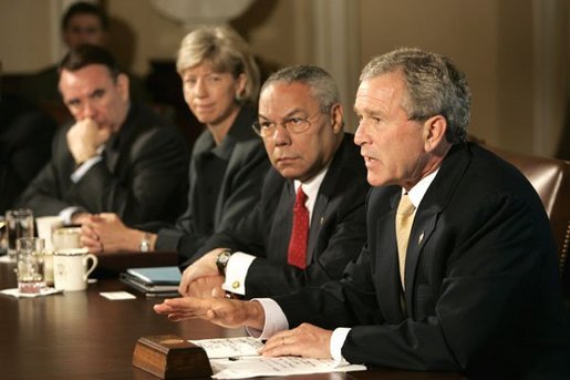 President George W. Bush answers questions from the press before a Cabinet Meeting at the White House Thursday, June 17, 2004. White House photo by Eric Draper