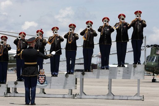 A band plays during the arrival ceremonies for the leaders of the G8 member nations at Hunter Army Airfield in Savannah, Ga., Tuesday, June 8, 2004. White House photo by Paul Morse