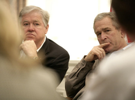 President George W. Bush is joined by Mississippi Governor Haley Barbour, left, at a meeting with local leaders Thursday, March 1, 2007 in Biloxi, Miss., on the recovery and reconstruction efforts underway in the region devastated by Hurricane Katrina. White House photo by Eric Draper