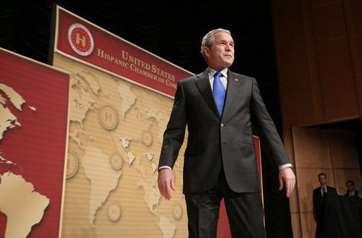 President George W. Bush pauses to acknowledge the applause of the audience following his remarks to United States Hispanic Chamber of Commerce, speaking on Western Hemisphere policy, Monday, March 5, 2007 in Washington, D.C. White House photo by Paul Morse