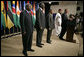 Standing with the Presidents of Botswana, Ghana, Namibia, Mozambique and Niger, President Bush discussed the African Growth and Opportunity Act, AGOA, in the Dwight D. Eisenhower Executive Office Building Monday, June 13, 2005. "All of us share a fundamental commitment to advancing democracy and opportunity on the continent of Africa," said the President. "And all of us believe that one of the most effective ways to advance democracy and deliver hope to the people of Africa is through mutually beneficial trade." White House photo by Eric Draper