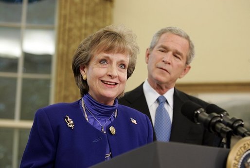 White House Counsel Harriet Miers speaks after being nominated by President George W. Bush as Supreme Court Justice during a statement from the Oval Office on Monday October 3, 2005. White House photo by Paul Morse