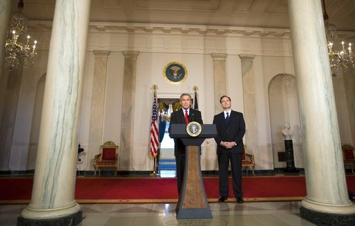 President George W. Bush announces his nomination Monday, Oct. 31, 2005, of Judge Samuel A. Alito, Jr., as Associate Justice of the Supreme Court of the United States. In making his announcement, President Bush said, "Judge Alito is one of the most accomplished and respected judges in America, and his long career in public service has given him an extraordinary breadth of experience." White House photo by Paul Morse