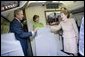 President George W. Bush, Mrs. Bush and Nancy Reagan tour the plane that served as Air Force One for President Reagan and six other Presidents from 1973 to 2001 at the Ronald Reagan Presidential Library in Simi Valley, California, Friday, Oct. 21, 2005. White House photo by Eric Draper