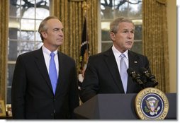 With Gov. Dirk Kempthorne at his side Thursday, March 16, 2006 in the Oval Office, President George W. Bush announces his intention to nominate the Governor to be Secretary of the Interior. White House photo by Paul Morse