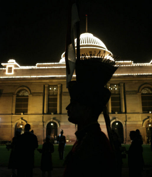 An honor guard stands outside Rashtrapati Bhavan, the presidential residence, in New Delhi, shortly after the arrival Thursday, March 2, 2006, of President George W. Bush and Laura Bush for the evening's State Dinner. White House photo by Eric Draper