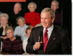 President George W. Bush speaks with an audience about the Medicare Prescription Drug Benefit Program on a visit to the Riderwood Villiage retirement community, Wednesday, March 15, 2006 in Silver Spring, Md. President Bush urged seniors to get information about the new Medicare benefit program and sign up by the May 15th deadline. White House photo by Paul Morse