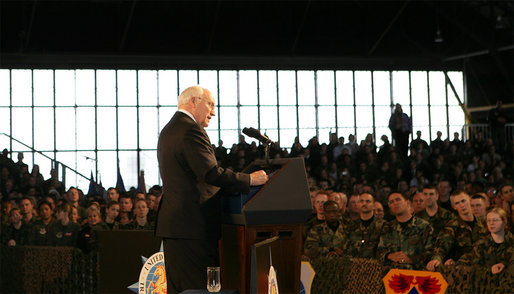 Vice President Dick Cheney participates in a rally with the troops at Scott Air Base, home of the US Transportation Command (USTRANSCOM), Tuesday, March 21, 2006. As the single manager of America's global defense transportation system, USTRANSCOM is tasked with the coordination of people and transportation assets that allows the US to project and sustain forces around the world. White House photo by David Bohrer