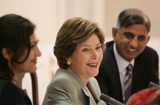 Mrs. Laura Bush addresses a roundtable discussion during an Education Through Partnerships meeting with representatives from USAID, UNESCO & CRI at library at the U.S. Embassy , Saturday, March 4, 2006 in Islamabad, Pakistan. White House photo by Shealah Craighead
