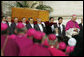 Vatican pallbearers carry the coffin of Pope John Paul II Friday, April 8, 2005, from St. Peter's Basilica to funeral ceremonies inside St. Peter's Square in Rome.White House photo by Eric Draper