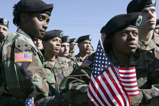 The eyes of Fort Hood, Texas are upon President George W. Bush as members of the 1st Cavalry Division and the 4th Infantry Division listen as he thanks them for their service and sacrifice in Iraq. "You're making America proud. You're making America free. And you're making the world more peaceful," the President said. "I want to thank you for all you've done for our great nation." White House photo by Eric Draper