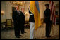 President George W. Bush and Ukraine President Viktor Yushchenko wait for the start of a press availability during Mr. Yushchenko's visit Monday, April 4, 2005, to the White House.White House photo by Eric Draper