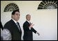 President George W. Bush and Panamanian President Martin Torrijos walk along the colonnade in the Rose Garden during his visit Thursday, April 28, 2005. White House photo by Eric Draper