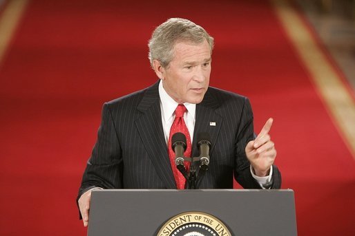 President George W. Bush discussed many topics such as energy consumption and Social Security during a press conference in the East Room Thursday, April 28, 2005. "Today there are about 40 million retirees receiving benefits; by the time all the baby boomers have retired, there will be more than 72 million retirees drawing Social Security benefits," said the President. White House photo by Paul Morse