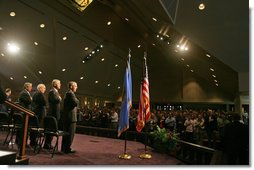 Vice President Dick Cheney attends the Day of Remembrance ceremony commemorating the 10th anniversary of the bombing of the Alfred P. Murrah Federal Building in Oklahoma City, Okla., April 19, 2005. At 9:02 a.m., Vice President Cheney and former President Bill Clinton joined victims of the bombing in 168 seconds of silence in remembrance of the 168 people killed 10 years ago. Pictured on stage, from left, are Frank Hill, chairman of the Oklahoma City National Memorial Foundation, former President Bill Clinton, Vice President Dick Cheney, and Oklahoma Governor Brad Henry.  White House photo by David Bohrer