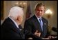 President George W. Bush and Israeli Prime Minister Ariel Sharon during a press conference in the Cross Hall of the White House on April 14, 2004. White House photo by Paul Morse.